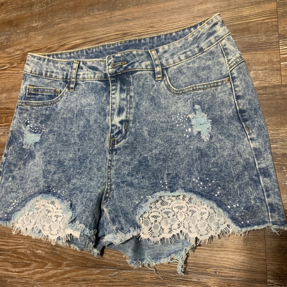 Rhinestone and lace jean shorts